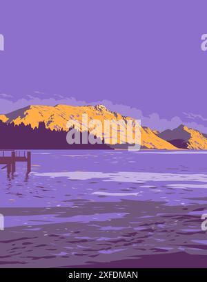 Affiche WPA du lac Wakatipu ou Whakatipu Wai-maori et des Remarkables à Queenstown, Otago, Île du Sud de la Nouvelle-Zélande fait en travaux projet adm Illustration de Vecteur