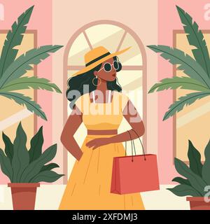 Fille élégante sur le shopping d'été dans une ville de villégiature. Mode printemps-été, station, vacances, texture tendance et élégante printemps été Illustration de Vecteur