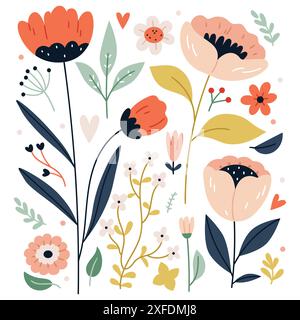 Un ensemble de fleurs dans le style scandinave. Collection de fleurs avec des feuilles, bouquets floraux. Style folk. Illustration de Vecteur