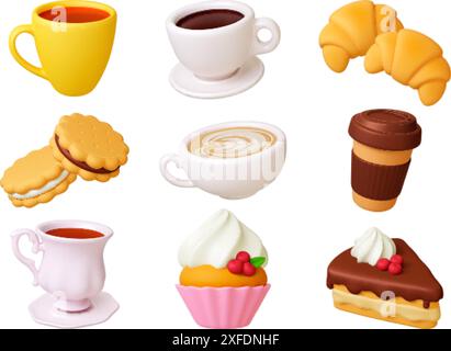 café 3d et pâtisserie. Tasse de thé, à emporter et cappuccino. Croissants et biscuits, gâteaux sucrés desserts à la crème et au chocolat. Boulangerie Pithy Illustration de Vecteur