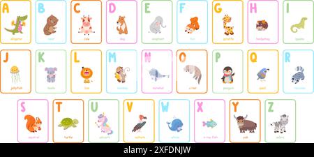 Enfants cartes alphabet avec des animaux. Bébé cartes-éclairs éducatives, étudier les lettres et les animaux. English abc pour les enfants, de nos jours des éléments vectoriels Illustration de Vecteur