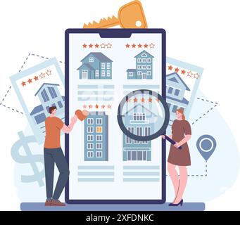 Couple cherchant une nouvelle maison dans l'application en ligne. Estimations immobilières, réservation auberge ou hôtel en voyage. Étudiants cherchant des appartements, scène vectorielle kicky Illustration de Vecteur