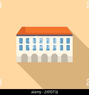 Bâtiment blanc avec façade arcs et icône plate de toit orange avec longue ombre sur un fond beige Illustration de Vecteur