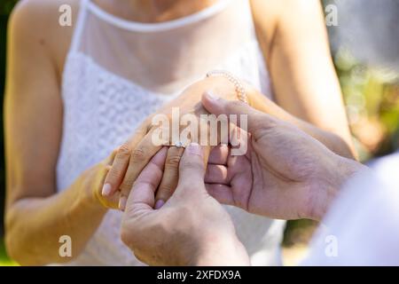 Placer la bague de fiançailles sur le doigt de la mariée, la mariée et le marié au mariage en plein air Banque D'Images