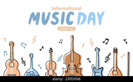 Vectoriel Line Art pour la Journée internationale de la musique, instruments dans un style plat manuscrit Illustration de Vecteur