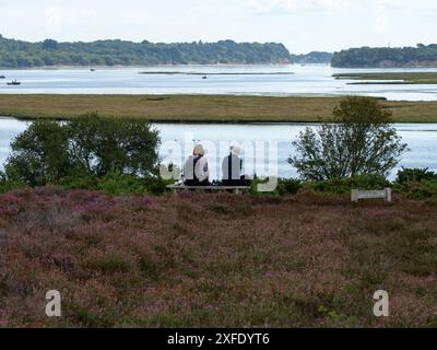 Ornithologues sur une banquette avec Poole Harbour Beyond, Arne RSPB Reserve, près de Wareham, Dorset, Angleterre, Royaume-Uni, juillet 2020 Banque D'Images