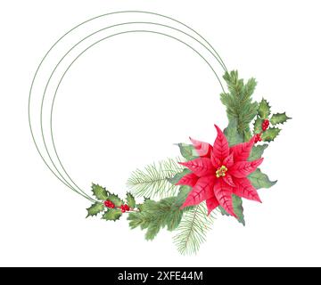 Couronne de Noël avec fleur de poinsettia, branches de houx avec baies et sapin. Illustration avec aquarelles, marqueurs. Cadre naturel pour l'hiver Banque D'Images