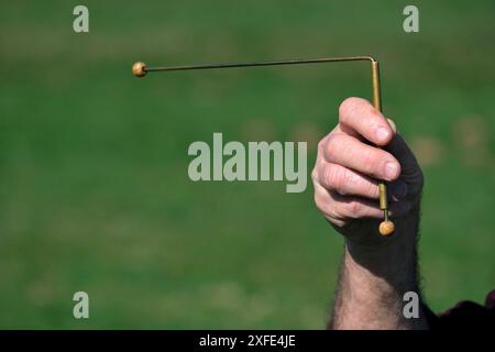 France, territoire de Belfort, Rougegoutte, Meadow, Denis Boyer, dowser, recherche de l'eau souterraine, divining des tiges Banque D'Images