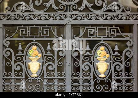 Espagne, Catalogne, Barcelone, détail de la ferronnerie en fer forgé avec des sculptures de pots de fleurs de style Art déco sur la porte d'un appartement Banque D'Images