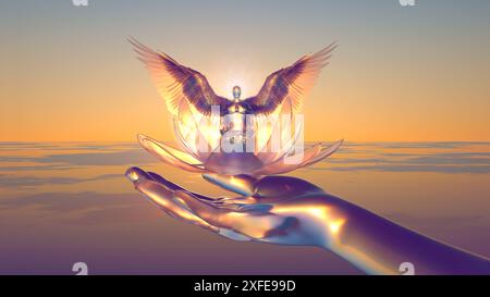 illustration 3d d'un ange priant dans un lotus sur fond d'aube Banque D'Images
