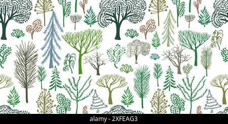 Motif arbres sans couture. Dessins simples pour enfants. Forêt. Motif sans couture. Dessin à la main. Pas IA. Illustration vectorielle Illustration de Vecteur