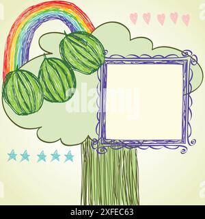 dessin d'enfant d'un arc-en-ciel multicolore et arbre avec des pastèques Illustration de Vecteur
