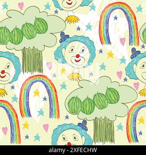 dessin d'enfant d'un clown et d'un arbre avec des pastèques Illustration de Vecteur