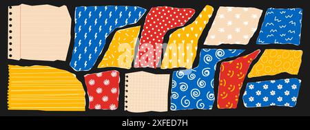Ensemble de papier déchiré coloré avec motif drôle. Éléments de conception pour collage d'art contemporain. Illustration vectorielle. Illustration de Vecteur