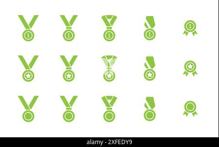 Jeu d'icônes de médaille. Pictogrammes de couleur verte isolés sur fond blanc. Signes d'honneur, de récompenses et de réalisations. Symbole de l'emblème gagnant. Illustration vectorielle plate Illustration de Vecteur