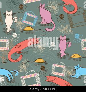 Modèle sans couture avec chats colorés et chaise à bascule Illustration de Vecteur