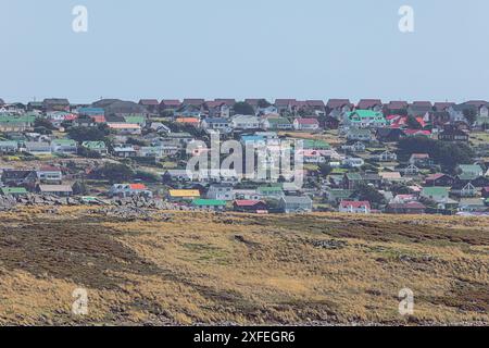 Maisons colorées de Port Stanley contre une colline, vues de Hamblin Cove en face du port Banque D'Images