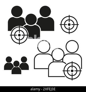 Vecteur d'audience cible. Noir et blanc. Icône grouper avec cible. Symboles de personnes simples. Illustration de Vecteur