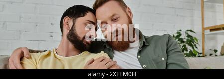 Couple gay barbu profitant de la compagnie des autres tout en étant assis sur un canapé dans le salon. Banque D'Images