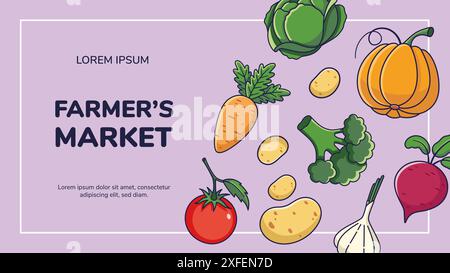 Conception de flyer de marché de fermiers avec des légumes de bande dessinée. Affiche de style manga. Conception plate. Affiche publicitaire, carte, bannière, dépliant, promo, page web. Concept de marché agricole. Illustration de Vecteur