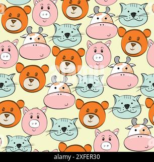 Modèle sans couture de vecteur avec visage d'animal de bande dessinée. Illustration de Vecteur