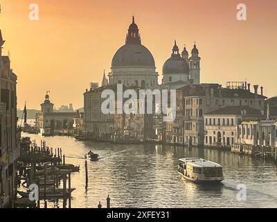 Italie, Venise - Grand canal et église Santa Maria della Salute au lever du soleil depuis le pont Ponte dell'Accademia. Banque D'Images