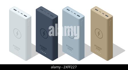 Ensemble Isometri Powerbanks isolé sur fond blanc. Chargeur portable Illustration de Vecteur