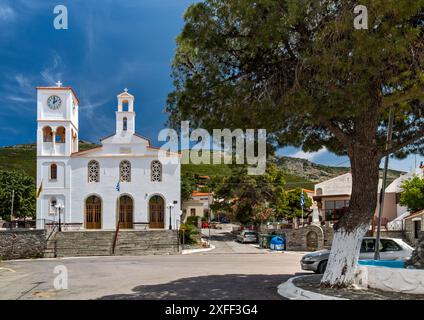 Église de la Nativité de Theotokos & évangélisation de Theotokos (notre Dame du Village), grand arbre, à Styron Square, ville de Styra, île d'Evia, Grèce Banque D'Images