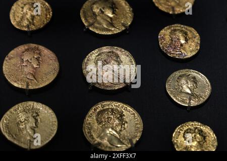 Monnaies romaines dans le Vindolanda Roman pour le musée, Hexham, Northumberland, Royaume-Uni. Banque D'Images