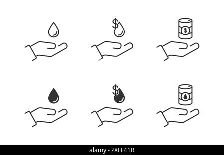 Main et baril d'huile. Icône baril d'argent. Goutte d'huile et symbole dollar. Illustration vectorielle plate. Illustration de Vecteur