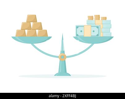 Lingots d'or et piles d'argent sur des balances isolées sur un fond blanc. Illustration vectorielle plate Illustration de Vecteur