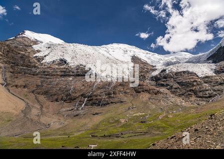 Le mont Togolung de 6773 m de haut -à gauche- et le mont Nojin Kangsang de 7206 m de haut -à droite- vu vers le col de Karo-la dans l'Himalaya Lhagoi K Banque D'Images