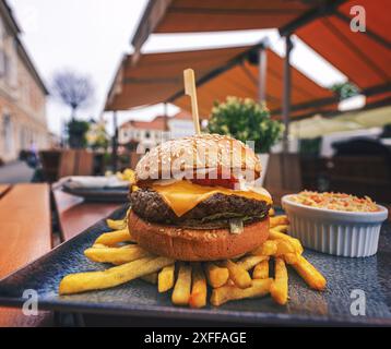 Cheeseburger frais avec patty de viande, fromage, sauce et salade servis sur pain avec frites dans l'assiette Banque D'Images