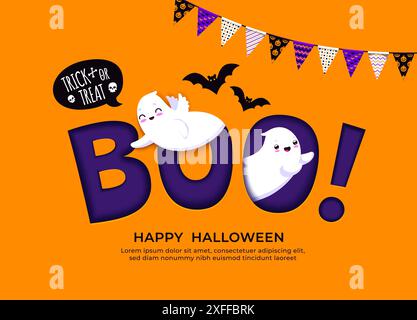 Papier de BOO coupé bannière de vacances d'Halloween avec fantômes drôles et chauves-souris, vecteur de bande dessinée. Nuit d'horreur et trick ou traiter fond d'enfants de fête avec de mignons fantômes kawaii, des os de crâne et des drapeaux d'Halloween Illustration de Vecteur