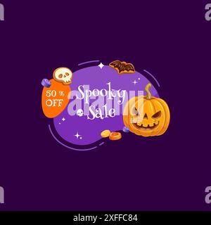 Bannière de vente de vacances d'Halloween avec citrouille effrayante et bonbons bonbons, promotion de réduction vectorielle. Halloween 50 pour cent de réduction vente avec citrouille effrayante, biscuit crâne et bonbons chauve-souris pour faire du shopping Illustration de Vecteur