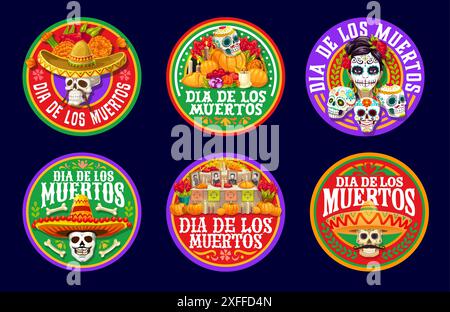 Jour des étiquettes des morts pour Dia de Los Muertos vacances mexicaines, calavera vecteur crânes dans sombrero. Dia de Los Muertos étiquettes avec Catrina calavera, ornement de fleurs de souci et photo morte sur l'autel Illustration de Vecteur