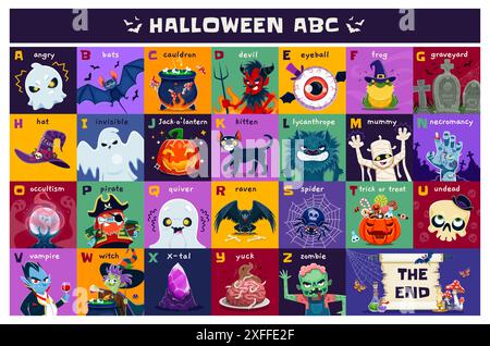 Alphabet Halloween, abc vacances, type enfants. Vecteur lettres majuscules avec des personnages effrayants de dessin animé drôles. Zombie, fantômes, sorcière ou citrouille, chapeau de sorcier et chat noir. Grenouille, diable, chauve-souris, pirate ou cerveau Illustration de Vecteur