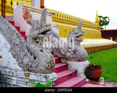 Statues et sculptures de Bouddha à Phra That Luang ou Phra Chedi Lokachulamanee est considéré comme un lieu de culte très important à Vientiane, Laos. Banque D'Images