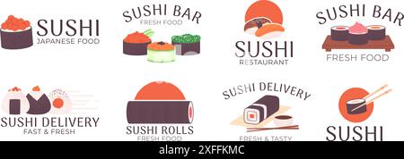 Badges de bar à sushis. Étiquettes de service de livraison de nourriture asiatique. Rouleaux et stickers sushi pour paquets. Repas savoureux avec du poisson, du riz nori et des légumes, vecteur racé Illustration de Vecteur