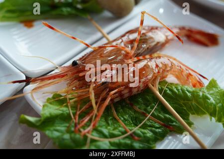 Crevettes fraîches vivantes servies sur des brochettes Banque D'Images