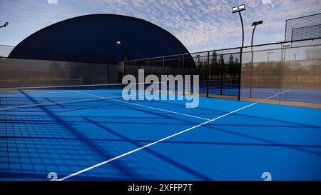 terrain de padel extérieur avec une surface bleue, équipé de projecteurs et de verre Banque D'Images