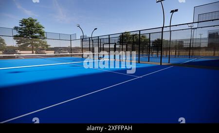 terrain de padel extérieur avec une surface bleue, équipé de projecteurs en filet et de verre Banque D'Images