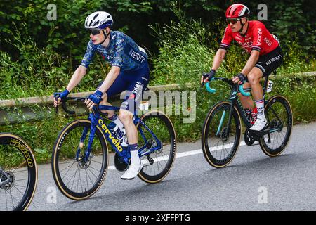 Saint Vulbas, France. 03 juillet 2024. Le Danois Jonas Vingegaard du Team Visma-Lease a Bike et le Français Arnaud Demare des Arkea-BB Hotels photographiés en action lors de l'étape 5 du Tour de France 2024, de Saint-Jean-de-Maurienne à Saint-Vulbas, France (177, 4 km) le mercredi 03 juillet 2024. La 111ème édition du Tour de France débute le samedi 29 juin et se termine à Nice le 21 juillet. BELGA PHOTO POOL Luca BETTINI crédit : Belga News Agency/Alamy Live News Banque D'Images