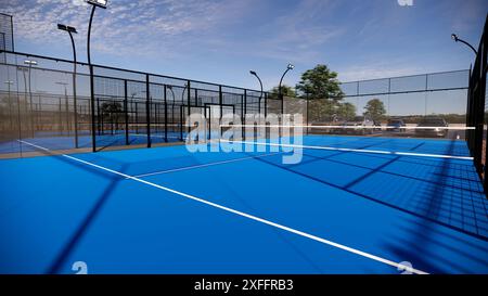 terrain de padel extérieur avec une surface bleue, équipé de projecteurs et de verre Banque D'Images