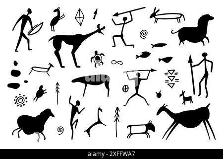 Silhouettes de grottes des premiers humains, accompagnées de chevaux, de cerfs et de taureaux, capturées dans le style des peintures rupestres anciennes. Dessin préhistorique Illustration de Vecteur