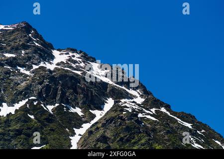 Sommet de montagne enneigé avec des pentes boisées verdoyantes en contrebas. Chaîne de montagnes Banque D'Images