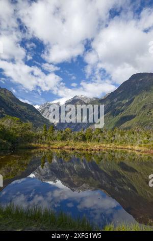 Île du Sud, Nouvelle-Zélande - le glacier Franz Josef et les montagnes se reflètent dans le lac vu d'un sentier en promenade dans le parc national Westland Tai Poutini Banque D'Images