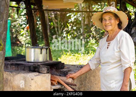 style de vie : femme paysanne dans le chapeau cuisine sur le poêle à bois antique Banque D'Images