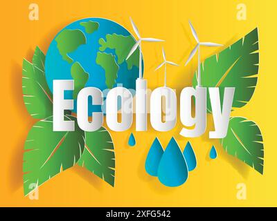 Concept de problème d'écologie avec le mot et la génération et économiser l'énergie verte pour la conception graphique et Web, illustration vectorielle de style de coupe de papier Illustration de Vecteur