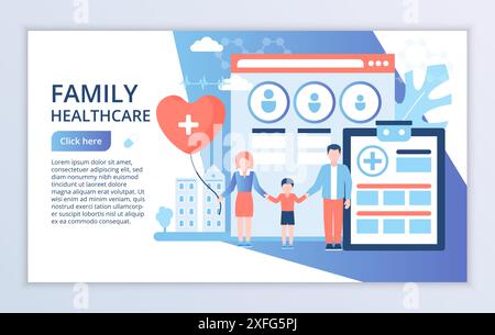 Modèle de site Web créatif du concept de soins de santé familiaux, illustration vectorielle de conception plate moderne, pour la conception graphique et Web Illustration de Vecteur
